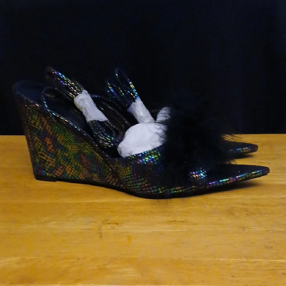 Multicolor Wedge Heels with Black Feather Detail